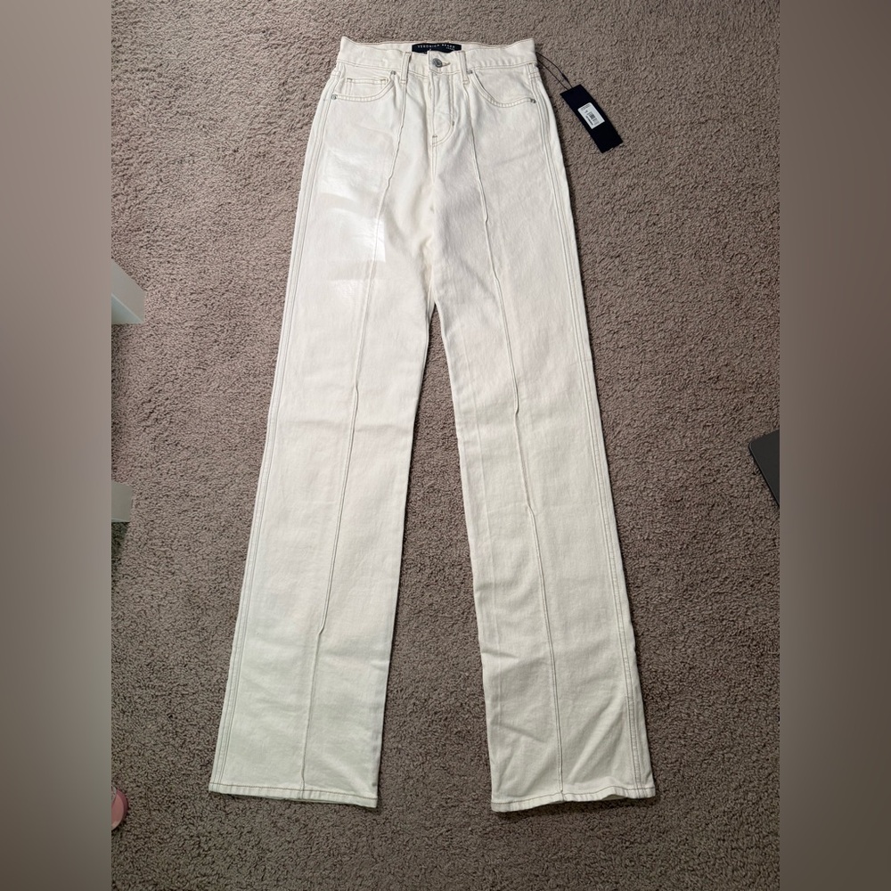 NWT Veronica Beard Women Dylan Pintuck High Rise Straight Leg Jeans Ivory Sz 24
